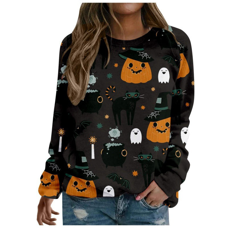 Foreign Trade Cross-border Autumn and Winter New Halloween 3D Digital Printing European and American Women's Crewneck Casual Long Sleeve Sweatshirt