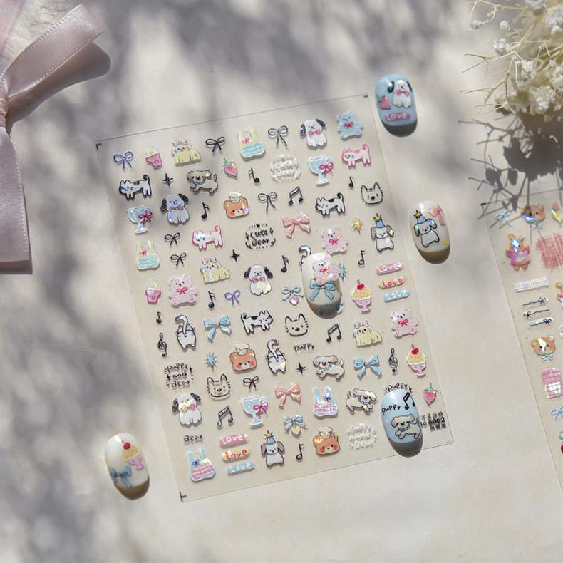Cute Pet Graffiti Nail Art Stickers Embossed 3D Stereo 5D Cute Little Panda Cat Dog Nail Sticker Decoration