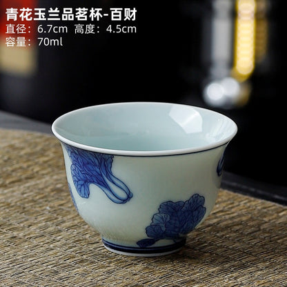 Yuerui Ceramic New Blue and Flower Tea Cup Underglaze Color Retro Yulan Cup Bowl of Kung Fu Tea Zen Tea Master Cup