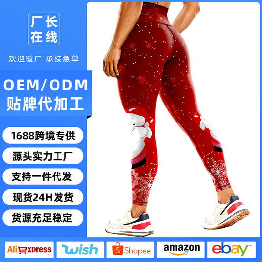 Cross-border New European and American Christmas Printed Tight Yoga Pants Hip-lifting Outdoor Sports Fitness Running Riding Yoga