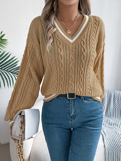 2025 New Autumn and Winter European and American Preppy Style Color-Blocked V Neck Twist Lantern Long-Sleeved Sweater Amazon Cross-Border Women's Clothing