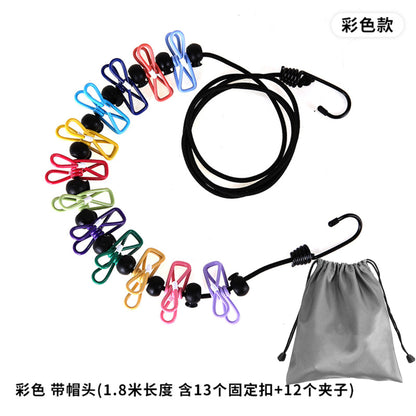 Creative Outdoor Elastic Windproof Clothesline with Positioning Clips, Korean Style Clothesline with 12 Windproof Clips