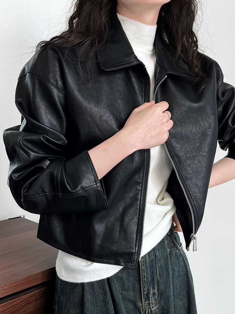 cool handsome high sense ~ lapel leather coat women's spring and autumn Hong Kong style PU leather jacket motorcycle top trendy 9595