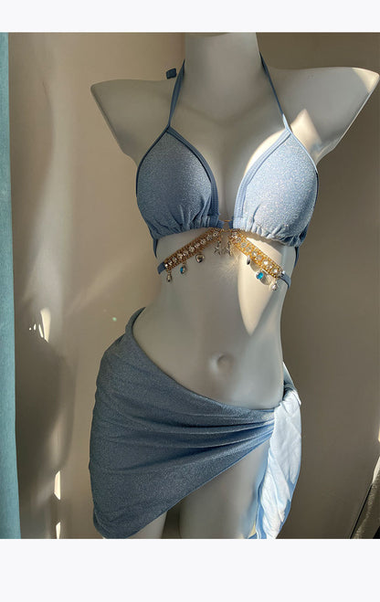 Swimsuit Female Mermaid Diamond Chain European and American Pure Lust Style Strap Triangle Bikini Three-Point Ins Sexy Vacation Swimsuit