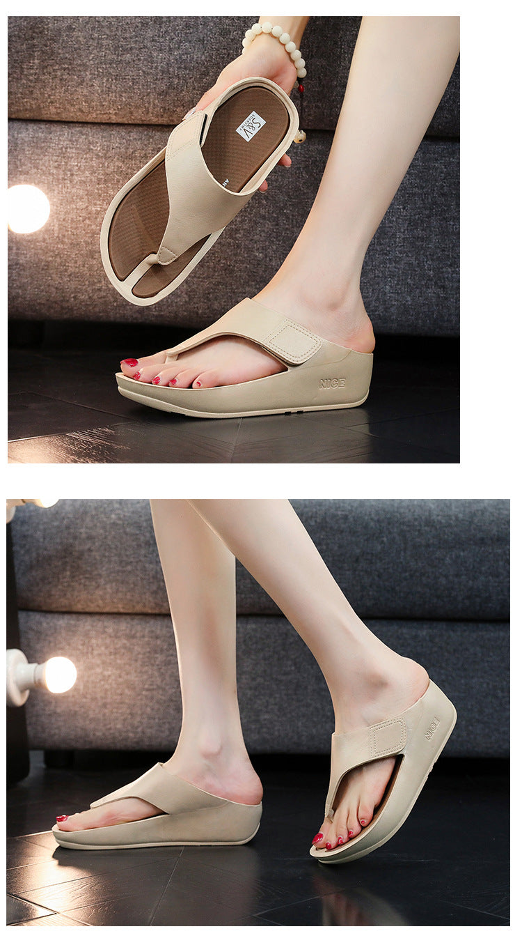 Flip-flops Women's 2024 New Elevated Beach Fashionable All-match Summer Outer Wear Comfortable Non-slip Clip Wedge Slippers