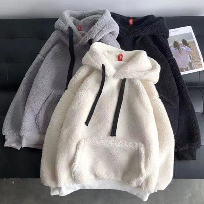Imitation Lamb Wool Sweatshirt, Winter Season, Women's Korean Style, Simple Couple's Outfit, Unisex, Fleece-Lined, Thickened, Hooded, Loose Top