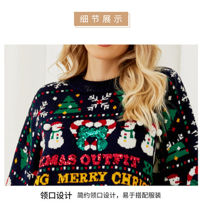 Foreign Trade Amazon Europe and America Loose Knitwear Autumn and Winter Christmas Tree Crewneck Sweater Snowman Sequins Christmas Sweater