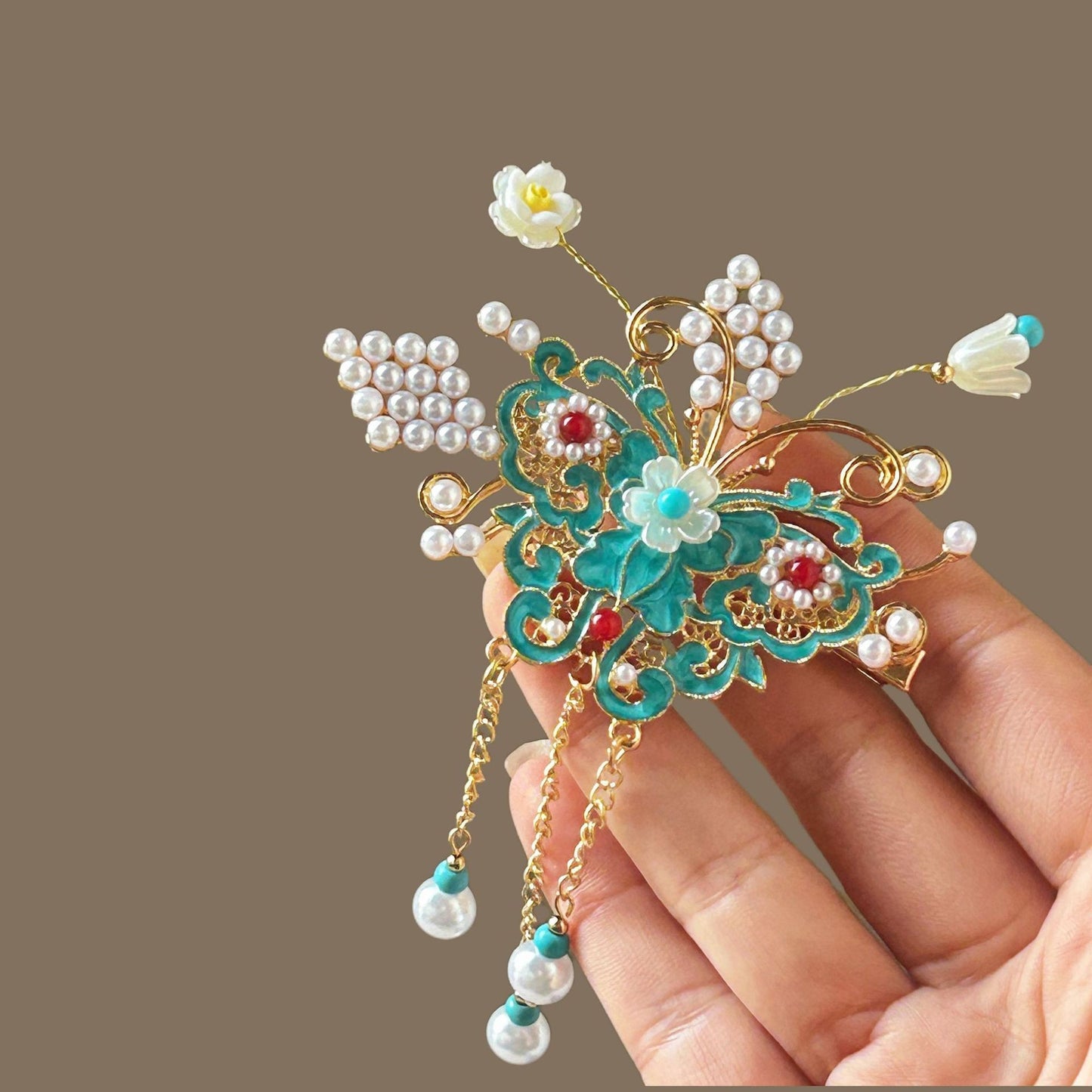 Antique Style Burned Blue Cloud Pearl Hairpin New Chinese Tassel Side Clip Advanced Sense Clip Hair Accessories Headwear Hair Clip
