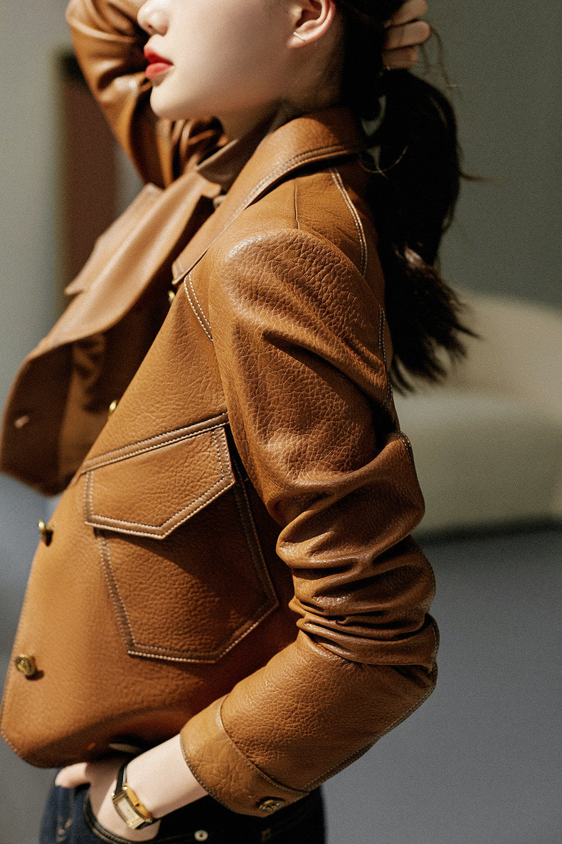 Haining Spring and Autumn New Leather Jacket Single Lined Leather Jacket Women's Short Slim Motorcycle Women's Short Leather Jacket C2707