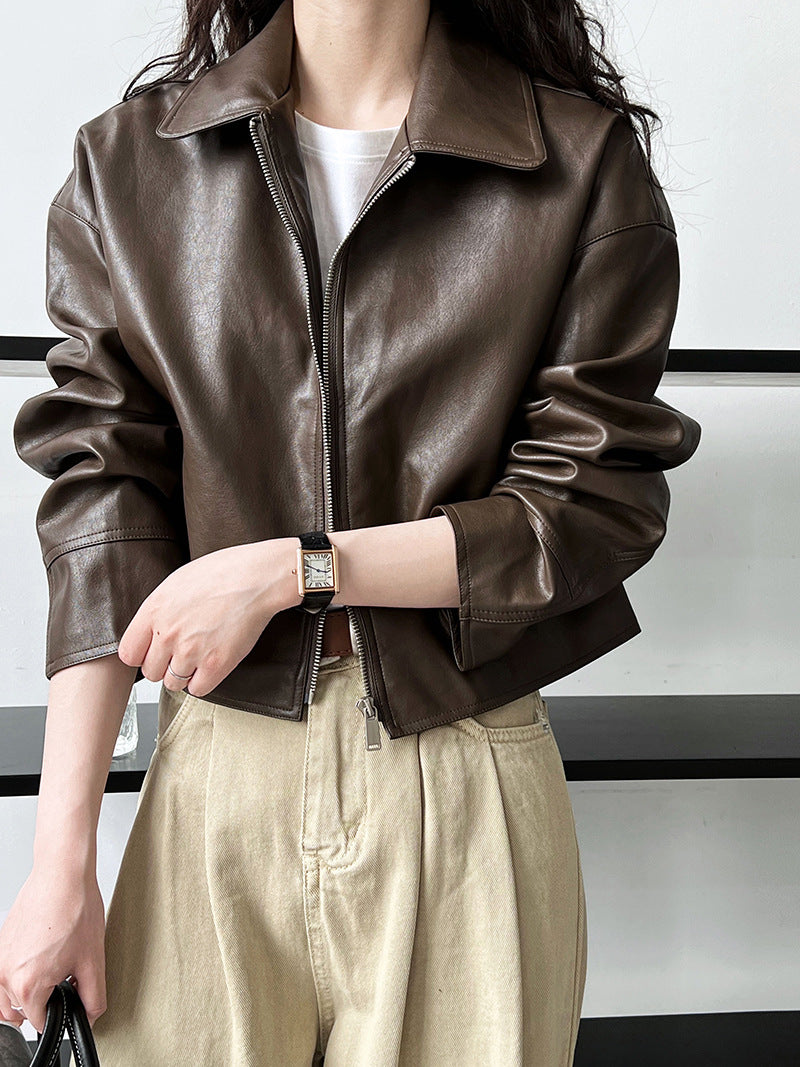 cool handsome high sense ~ lapel leather coat women's spring and autumn Hong Kong style PU leather jacket motorcycle top trendy 9595