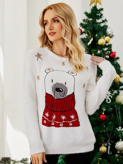 Cross-Border Popular European and American Design Knitted Tops Christmas Cartoon Jacquard Sweaters Embroidered Bear Christmas Sweaters