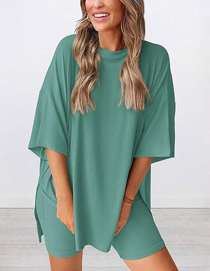 Cross-border foreign trade Amazon 2025 new women's casual round neck split loose shorts short sleeve home clothes suit