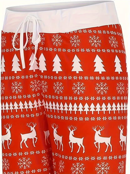 Cross-border Christmas Trousers for Christmas Performance High Waist Lace-up Stitching Elk Christmas Tree Printed Red Trousers