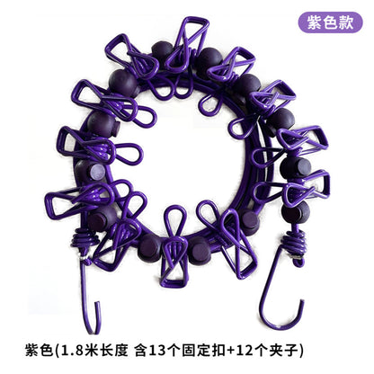 Creative Outdoor Elastic Windproof Clothesline with Positioning Clips, Korean Style Clothesline with 12 Windproof Clips