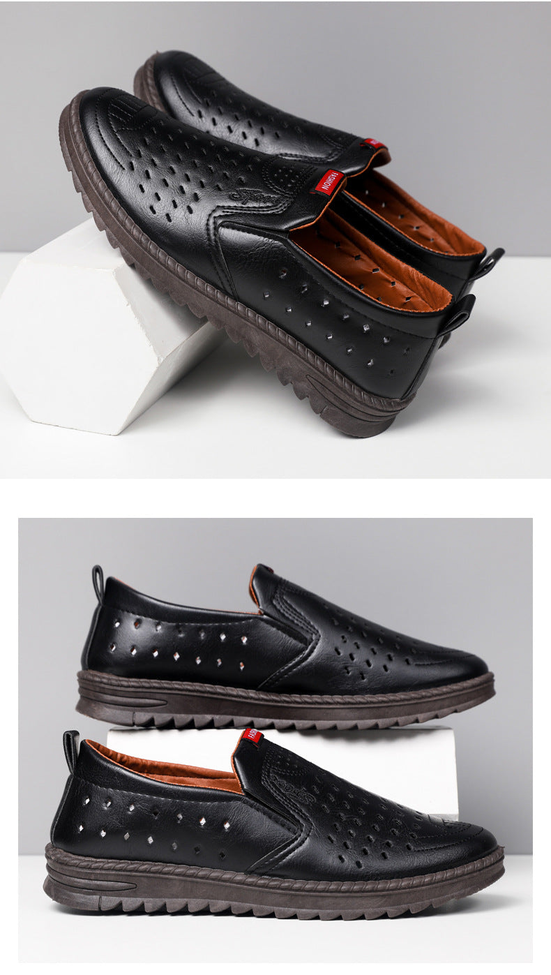 Hollow-Out Leather Shoes for Men, Summer Breathable Soft Leather Low-Top Business Casual Versatile Slip-On Perforated Dad Shoes