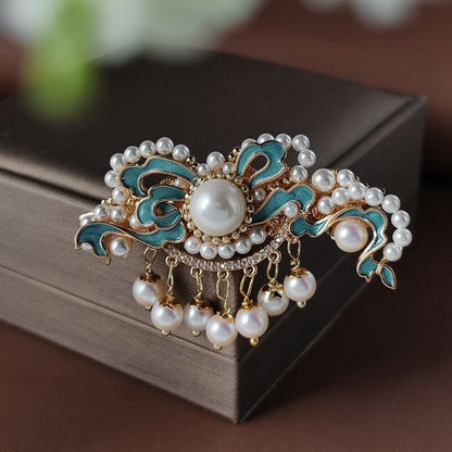 Antique Style Burned Blue Cloud Pearl Hairpin New Chinese Tassel Side Clip Advanced Sense Clip Hair Accessories Headwear Hair Clip