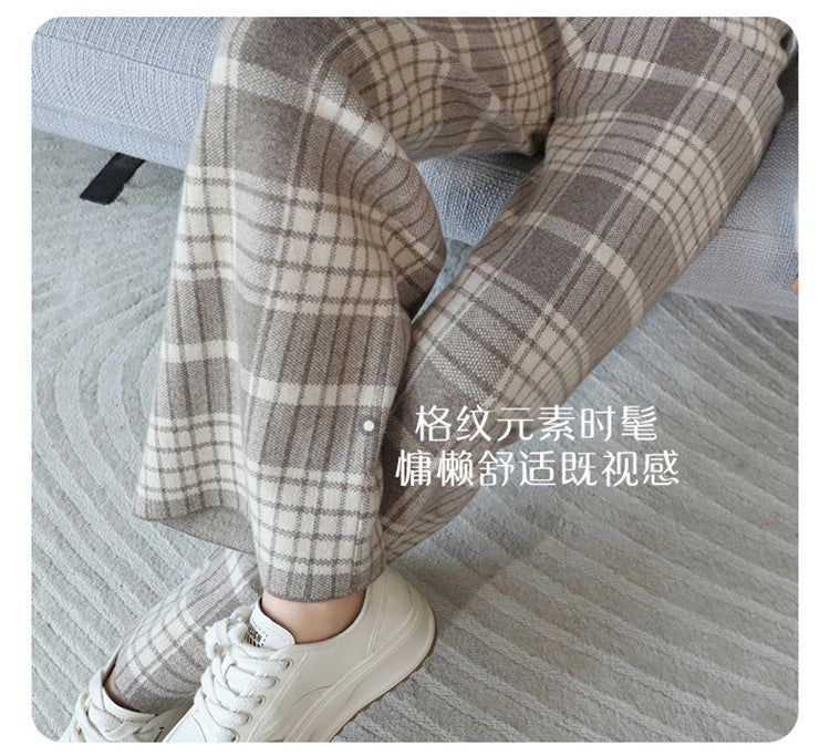 24 Autumn and Winter New High Waist All-match Casual Wide-leg Pants Women's Straight Loose Plaid Trousers 100 Wool Thickened