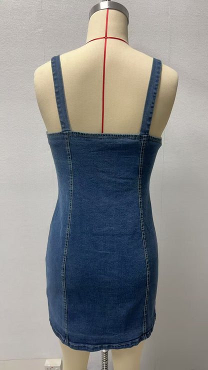 2025 Summer New European and American Cross-border Women's Buckle Decorations Long Denim Sling Fashion dress in stock