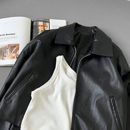 cool handsome high sense ~ lapel leather coat women's spring and autumn Hong Kong style PU leather jacket motorcycle top trendy 9595