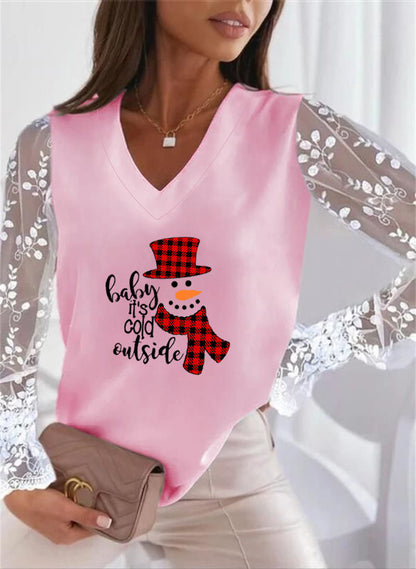 Autumn and Winter New Christmas Personalized Print European and American Cross-border Lace All-match Long-sleeved Women's T-shirt Top