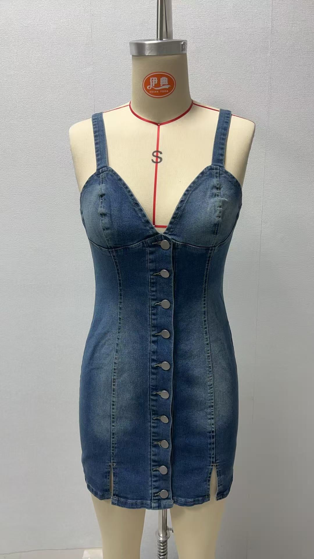 2025 Summer New European and American Cross-border Women's Buckle Decorations Long Denim Sling Fashion dress in stock