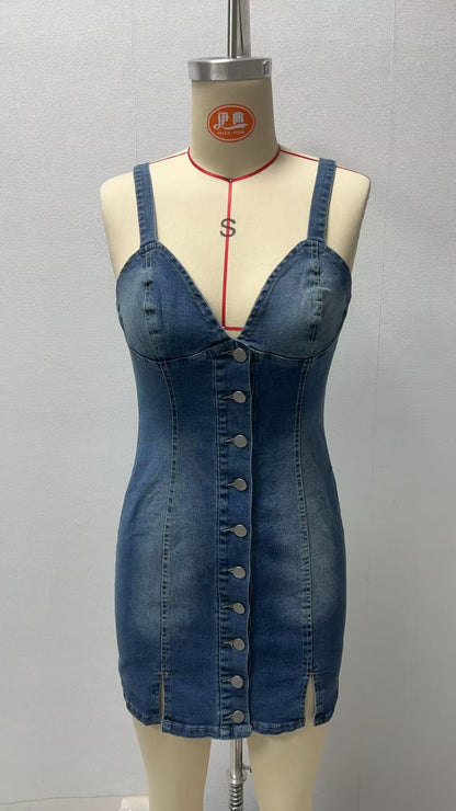 2025 Summer New European and American Cross-border Women's Buckle Decorations Long Denim Sling Fashion dress in stock