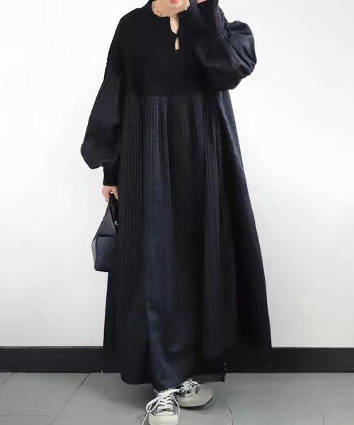 2025 Japanese Style Autumn New Pleated Diamond Pattern Sweater Spliced Long Dress in Stock