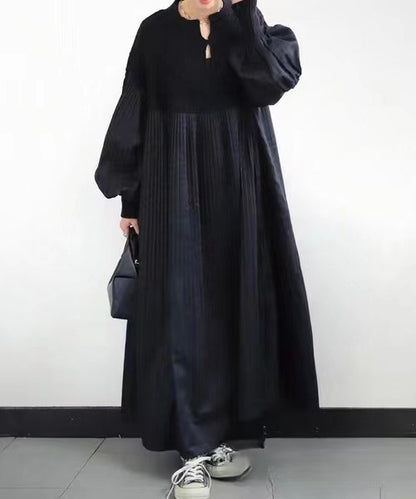 2025 Japanese Style Autumn New Pleated Diamond Pattern Sweater Spliced Long Dress in Stock