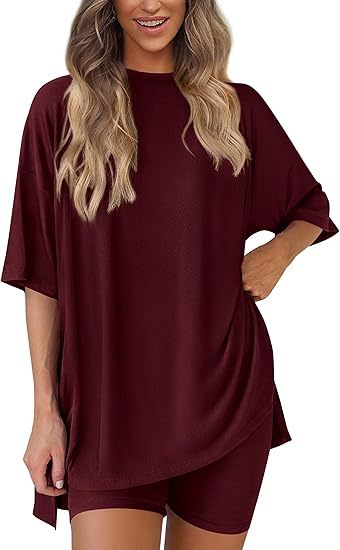 Cross-border foreign trade Amazon 2025 new women's casual round neck split loose shorts short sleeve home clothes suit