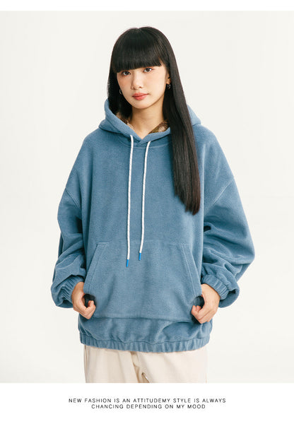 Black Fleet American Casual Style Unisex Versatile Hooded Warm Top Couple Style Hiking Fleece Solid Color Sweatshirt