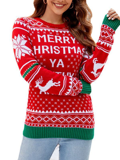 European and American women's knitted jacquard Christmas pullover sweater 2023 autumn and winter New round neck sweet style knitted top