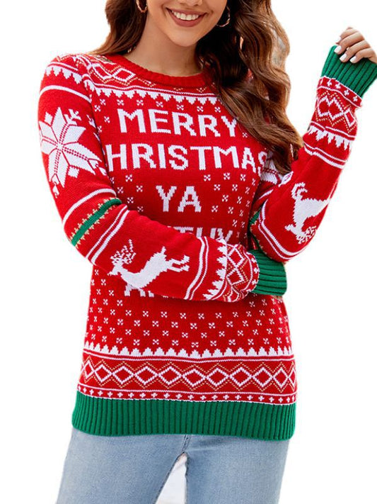 European and American women's knitted jacquard Christmas pullover sweater 2023 autumn and winter New round neck sweet style knitted top