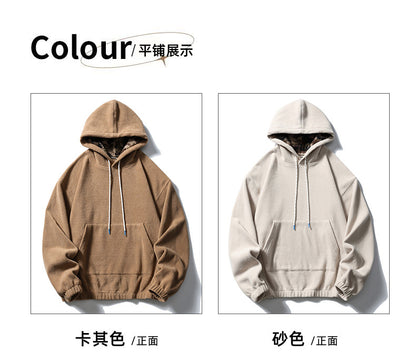Black Fleet American Casual Style Unisex Versatile Hooded Warm Top Couple Style Hiking Fleece Solid Color Sweatshirt