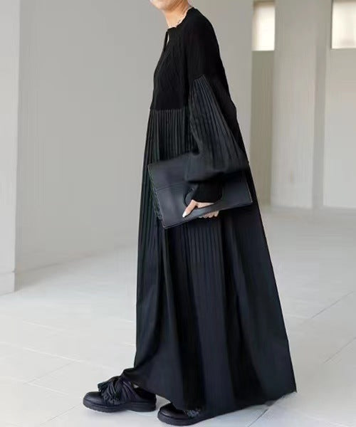 2025 Japanese Style Autumn New Pleated Diamond Pattern Sweater Spliced Long Dress in Stock