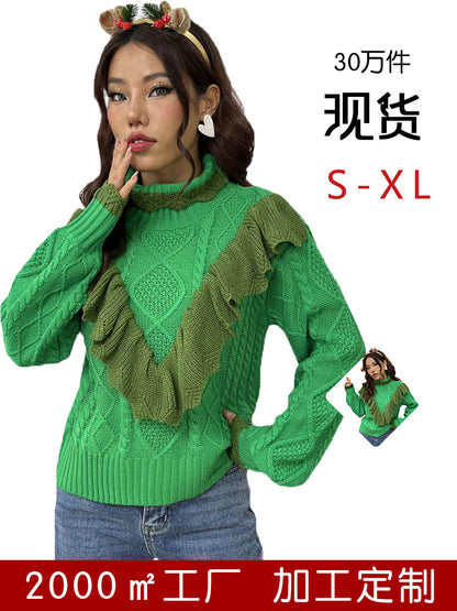 Amazon 2023 new Christmas half turtleneck sweater women's autumn and winter ruffled twisted pullover sweater women