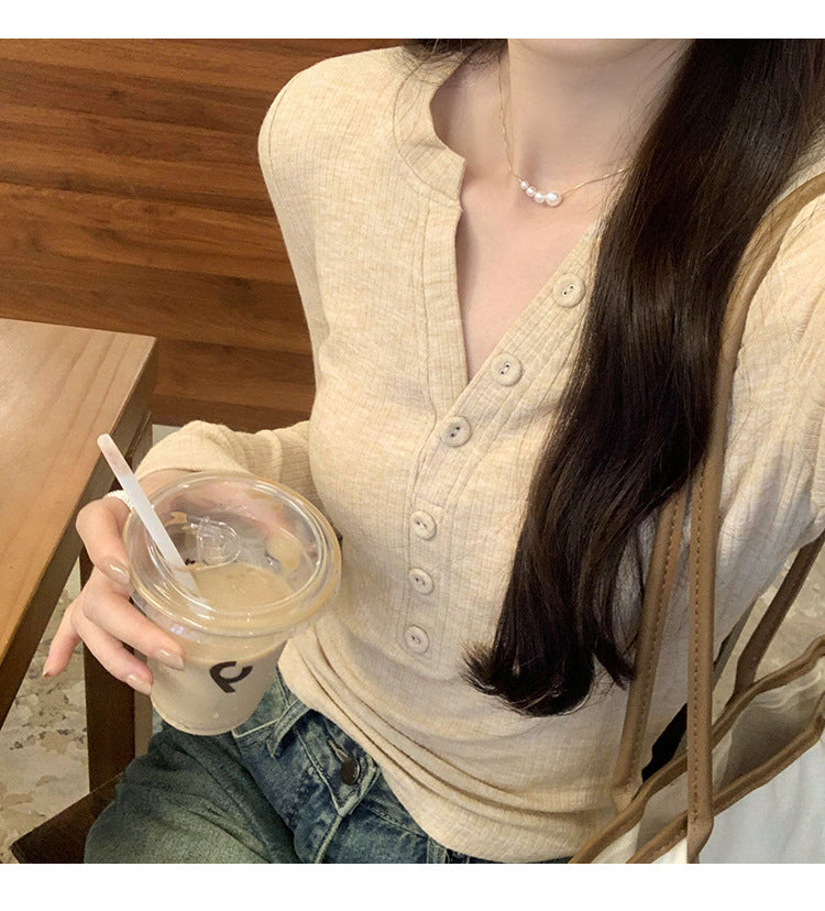 European in stock Korean Style Lazy Relaxation Inner Base T-shirt Women's Early Autumn New Style Elegant Slim-fit Half-open Collar