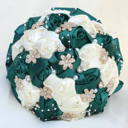 Amazon Supply Dark Green Bride Bridesmaid Simulated Satin Rose Bouquet Church Wedding Supplies Wholesale