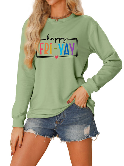 Amazon Ebay Round Neck Sweatshirt Happy Fri Yay Fun Letters Casual Fashion Long-Sleeved Tops in Stock