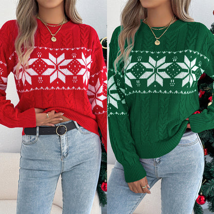 2025 Autumn and Winter European and American Snowflake Pattern Lantern Long Sleeve Pullover Sweater Amazon Cross-Border Women's Clothing Christmas