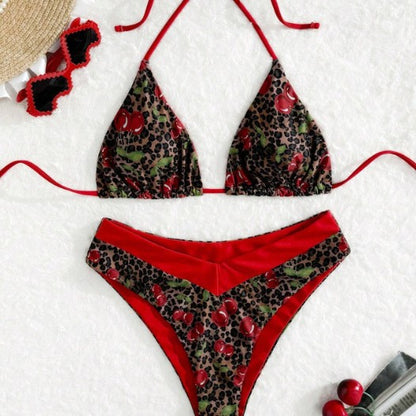 Amazon New Split Swimsuit Women Sexy Red Leopard Cherry Print European and American Bikini Foreign Trade Swimsuit