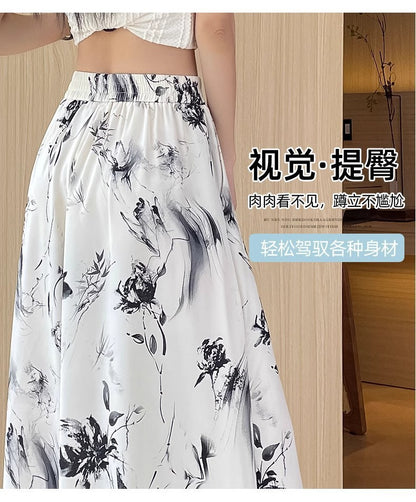2025 Summer Thin Chiffon Wide-Leg Pants Women's Cropped Culottes Elastic Waist Small National Style Pants New Style Skirt