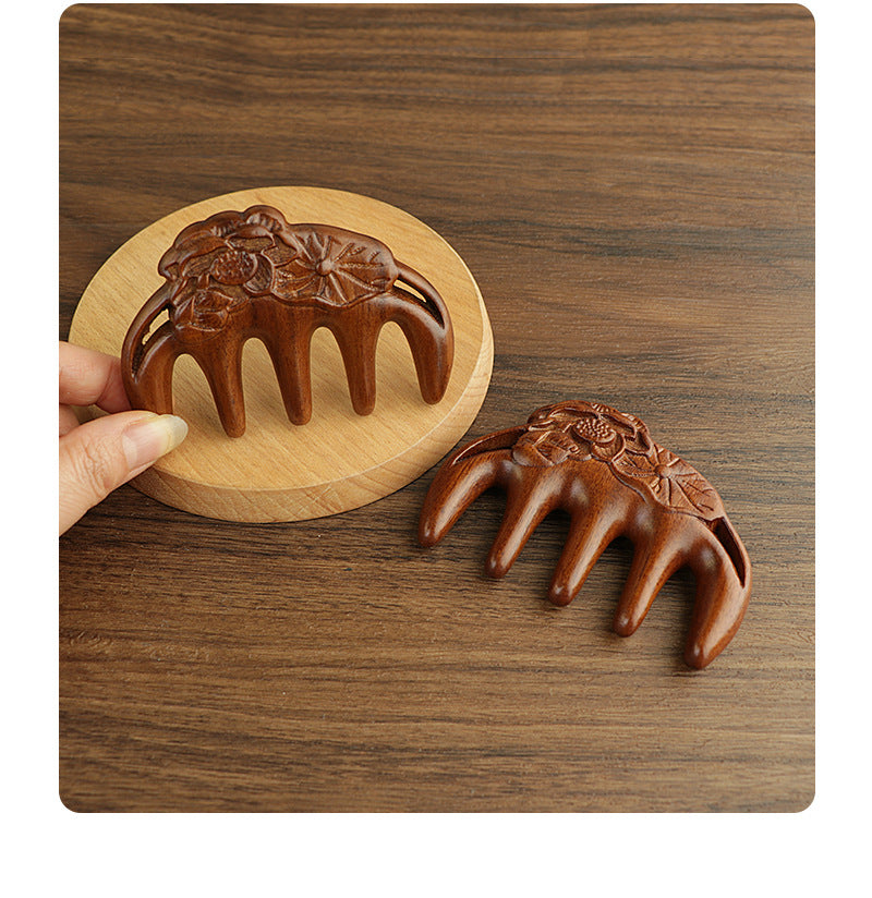 Golden silk sandalwood lotus fish carved massage comb scalp head massage wide tooth comb small comb solid wood comb meridian comb
