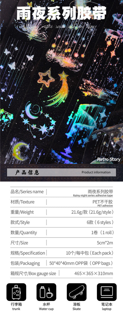 Retrostory Rainy Night Series Laser Tape Stickers with Silver White Die-Cut Pet Tape for Journaling and Ins Material Stickers