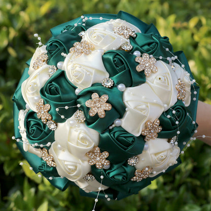 Amazon Supply Dark Green Bride Bridesmaid Simulated Satin Rose Bouquet Church Wedding Supplies Wholesale
