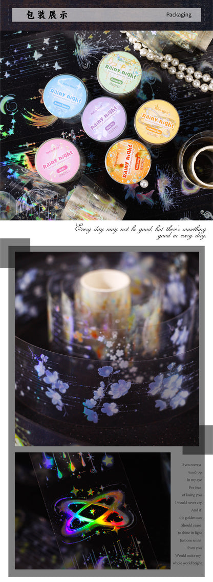 Retrostory Rainy Night Series Laser Tape Stickers with Silver White Die-Cut Pet Tape for Journaling and Ins Material Stickers