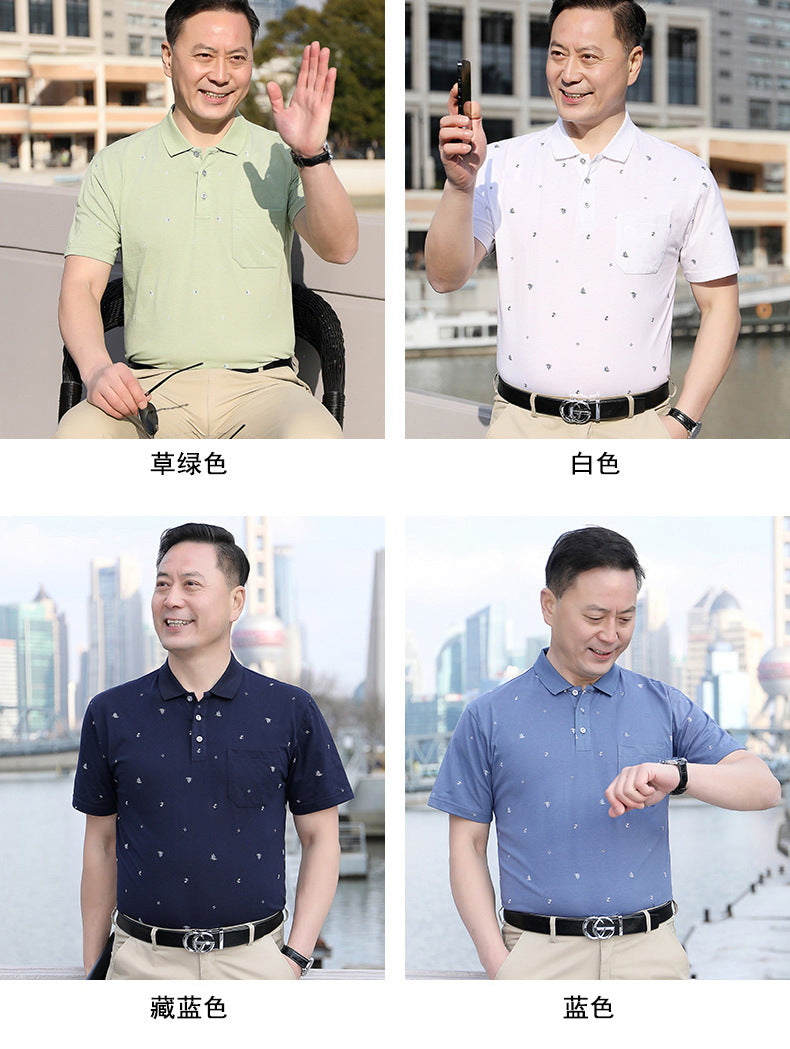 Middle-aged Men's Cotton Short-sleeved T-shirt Lapel Pocket Summer Middle-aged and Elderly plus size Half-sleeved Dad T-shirt Father