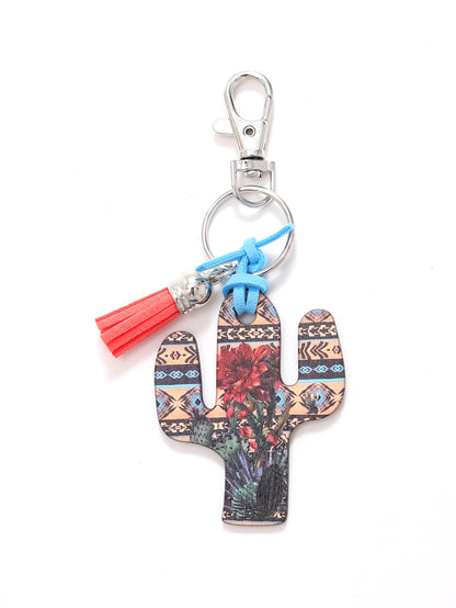 New Wooden Cactus Keychain Leopard Flower Rainbow Sunflower Striped Printed Bag Car Pendant
