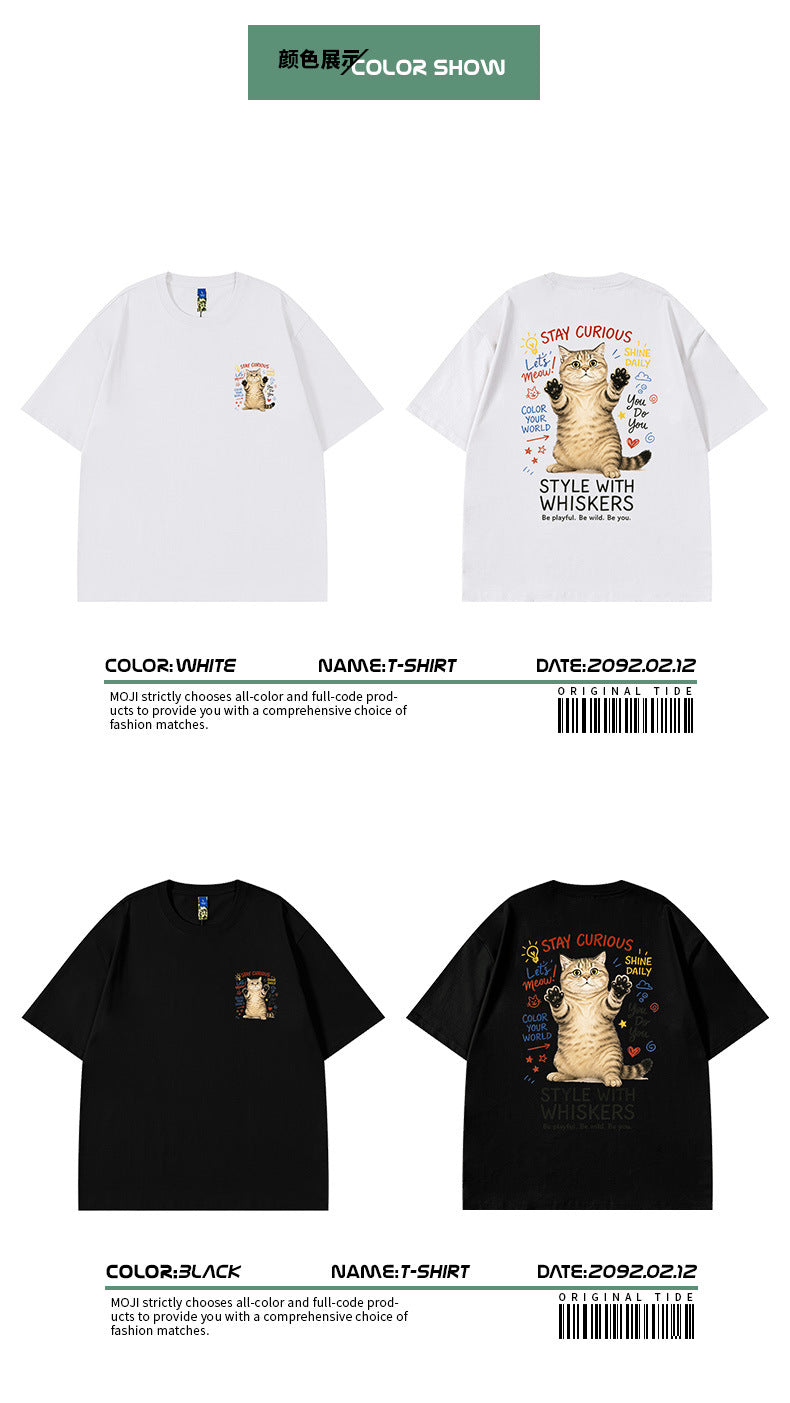 Cross-border short-sleeved T-shirt for boys and girls Korean-style cartoon casual pet cat hip-hop top for lovers summer versatile half-sleeve