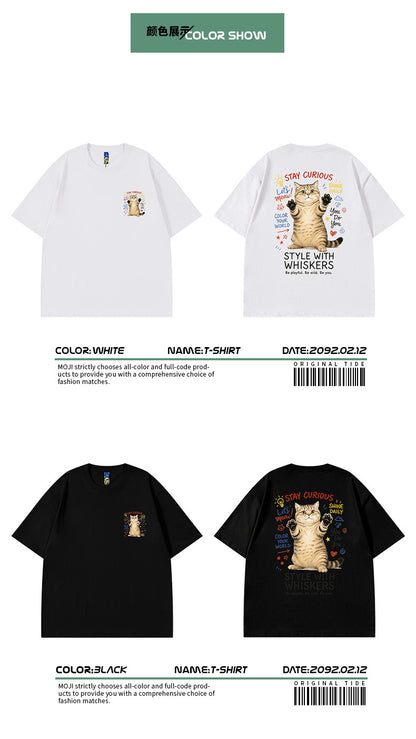Cross-border short-sleeved T-shirt for boys and girls Korean-style cartoon casual pet cat hip-hop top for lovers summer versatile half-sleeve