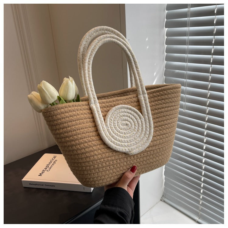 Contrast Cotton Rope Woven Handbag Women's Bag Korean Style Bag New Large Capacity Stylisse Handbag All-match Tote Bag